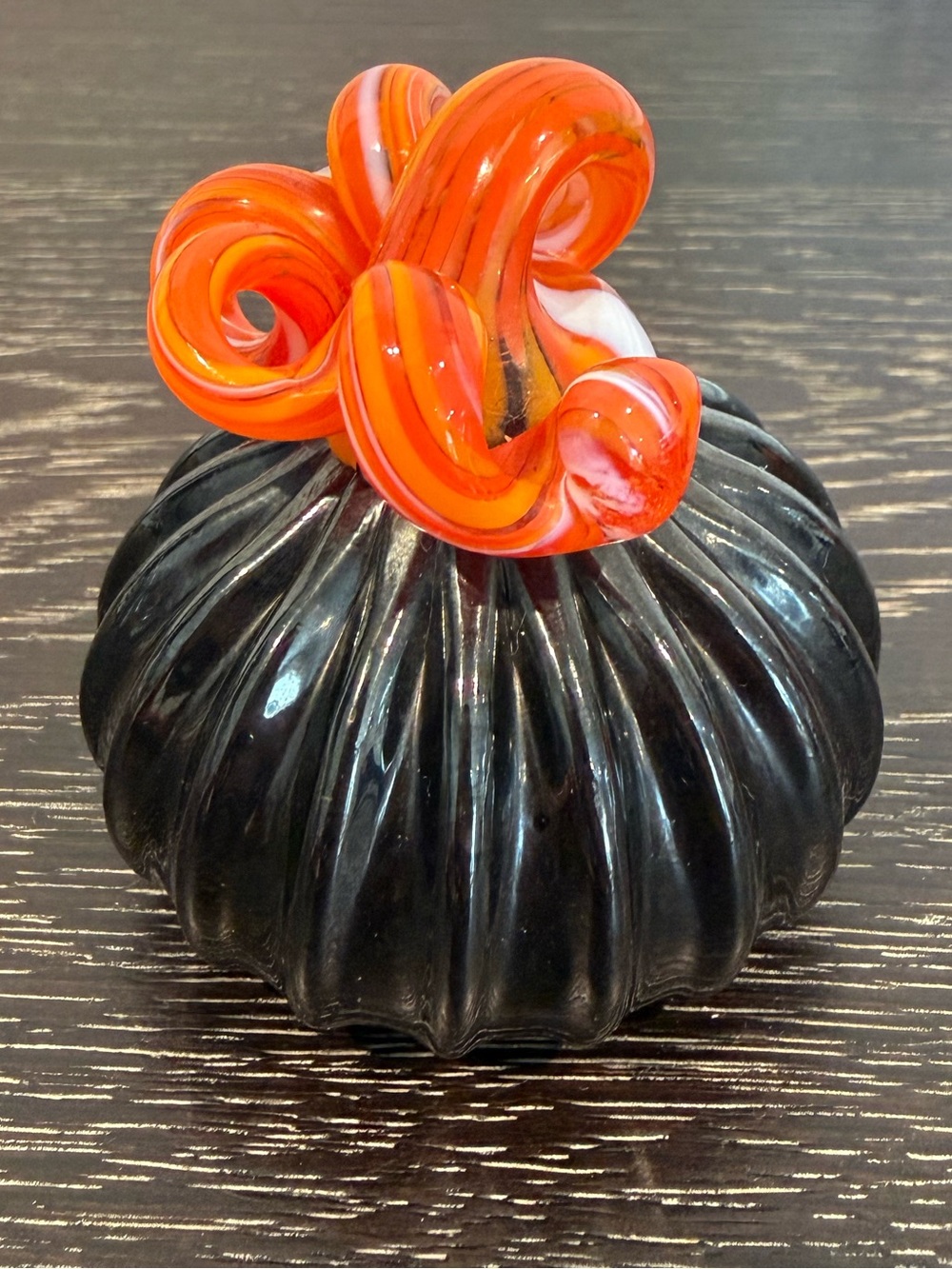 Mini Handblown Art Glass Black Pumpkin with Orange Curled Stem